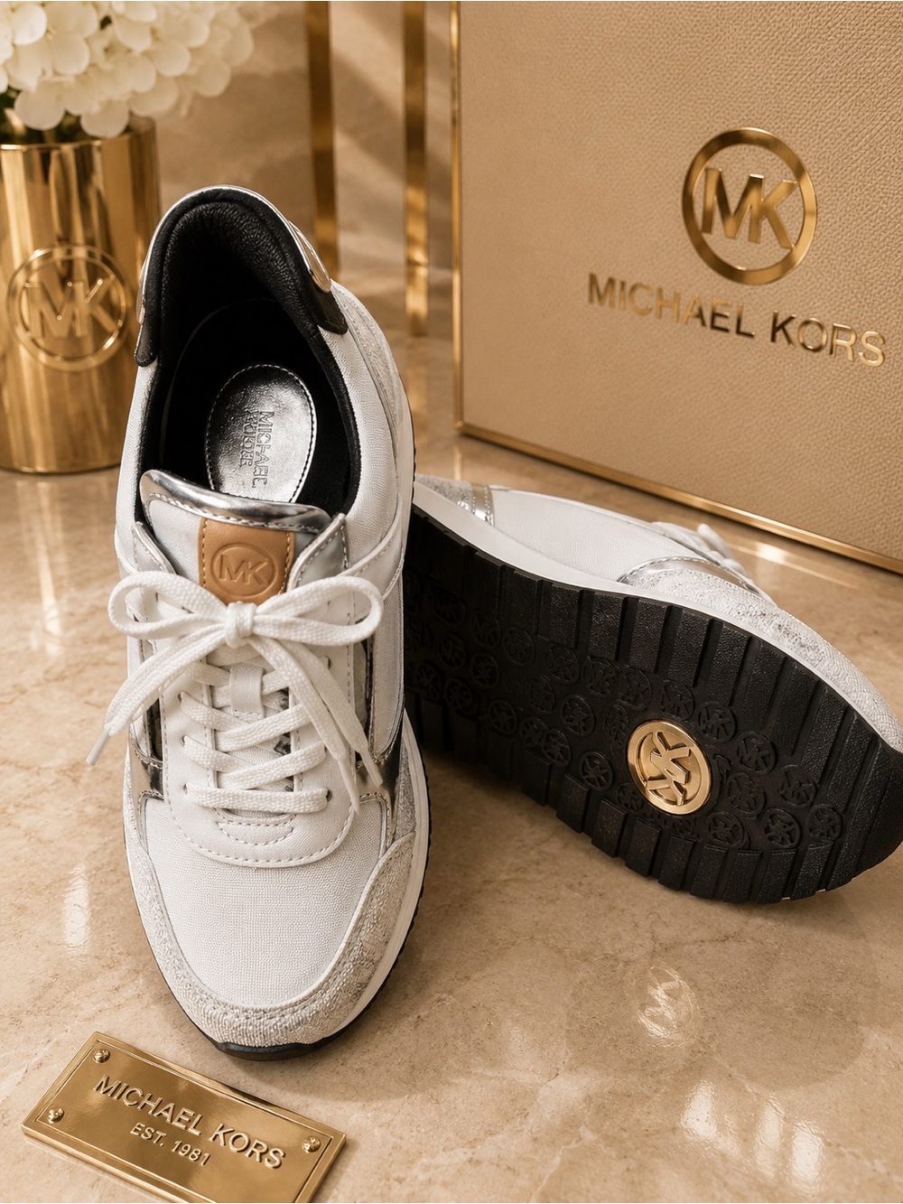 Michael Kors White and Gold Logo Lace-Up Sneakers